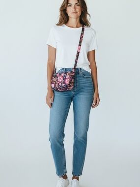 Stephanie Dawn Quilted Floral Crossbody Bag Purple Pink Adjustable Strap